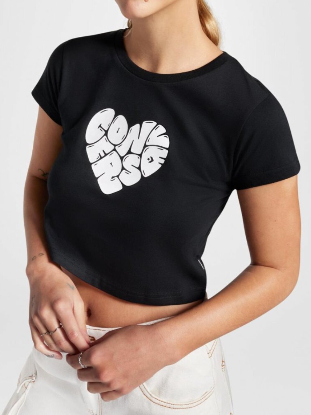 Converse Black Cropped Tee with White Heart Logo
